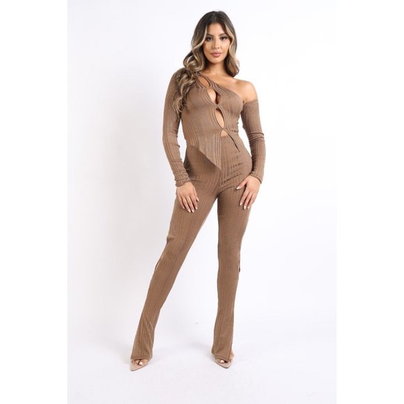 Boutique Pants - Women's Asymmetric One Shoulder Cutout Ribbed Top and Matching Flare Pants Set